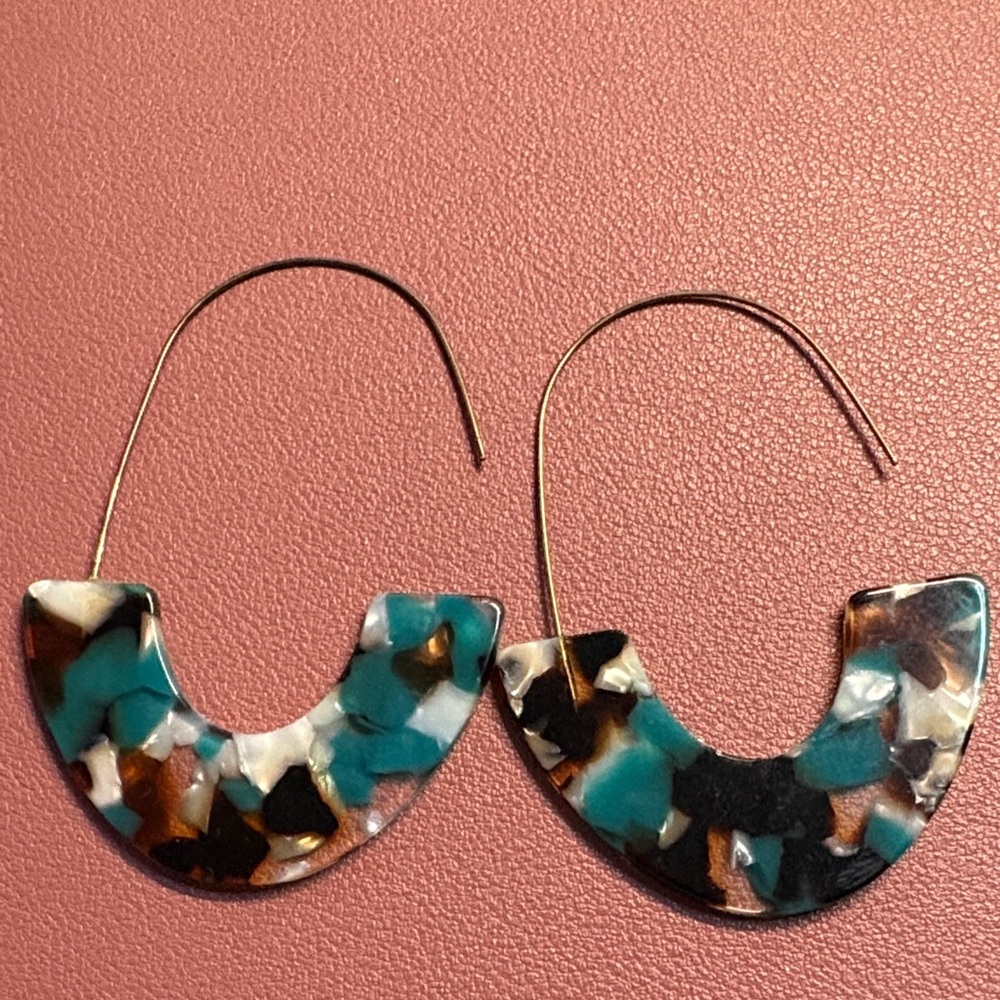 Teal and Brown Patterned Hoop Earrings